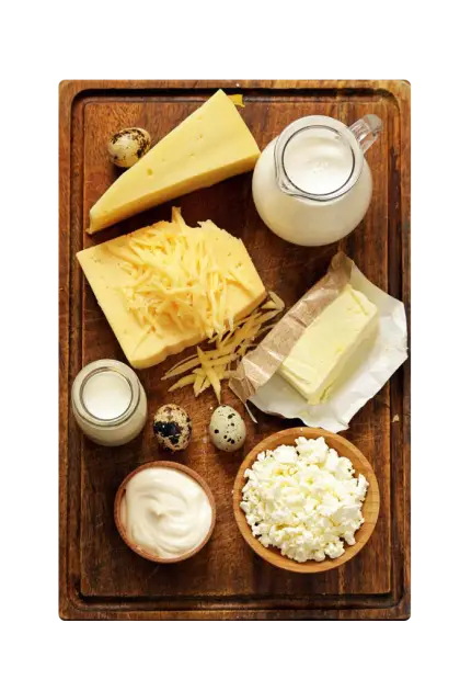 Assorted Dairy Products on Wooden Board