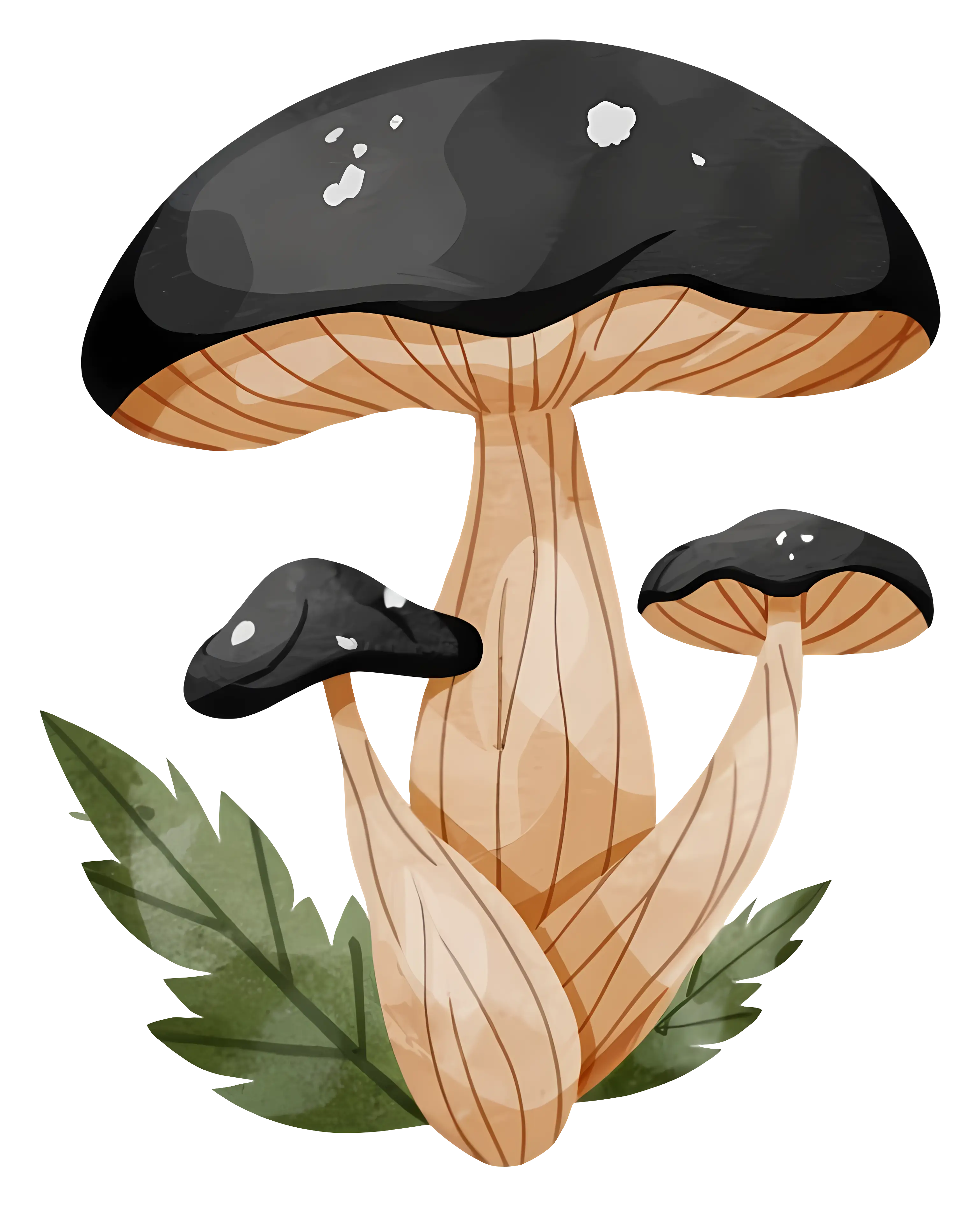 Artistic Depiction of Black Mushrooms in Nature