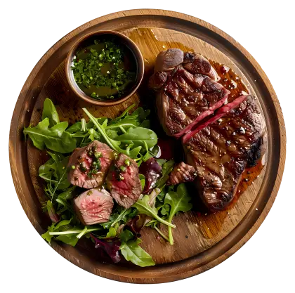 Grilled Steak and Salad on Wooden Plate