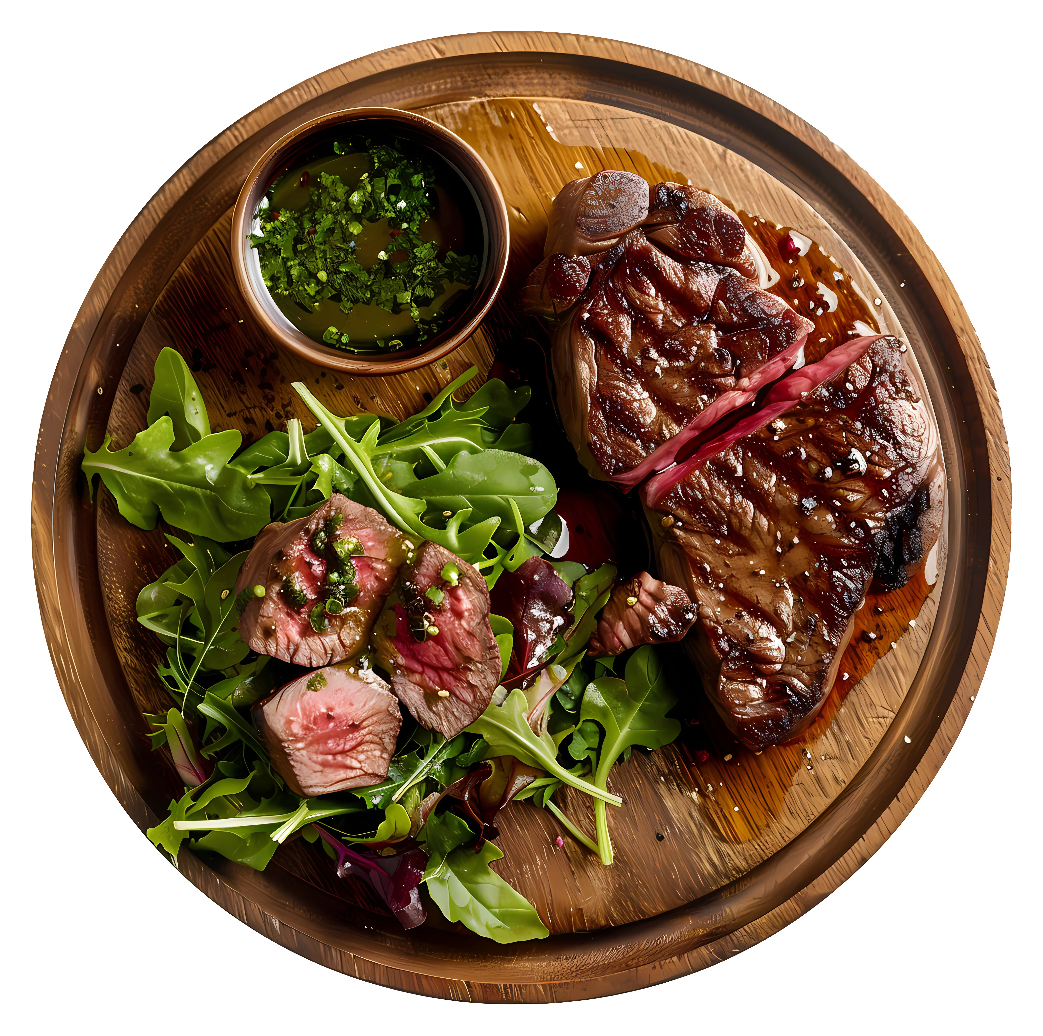 Grilled Steak and Salad on Wooden Plate
