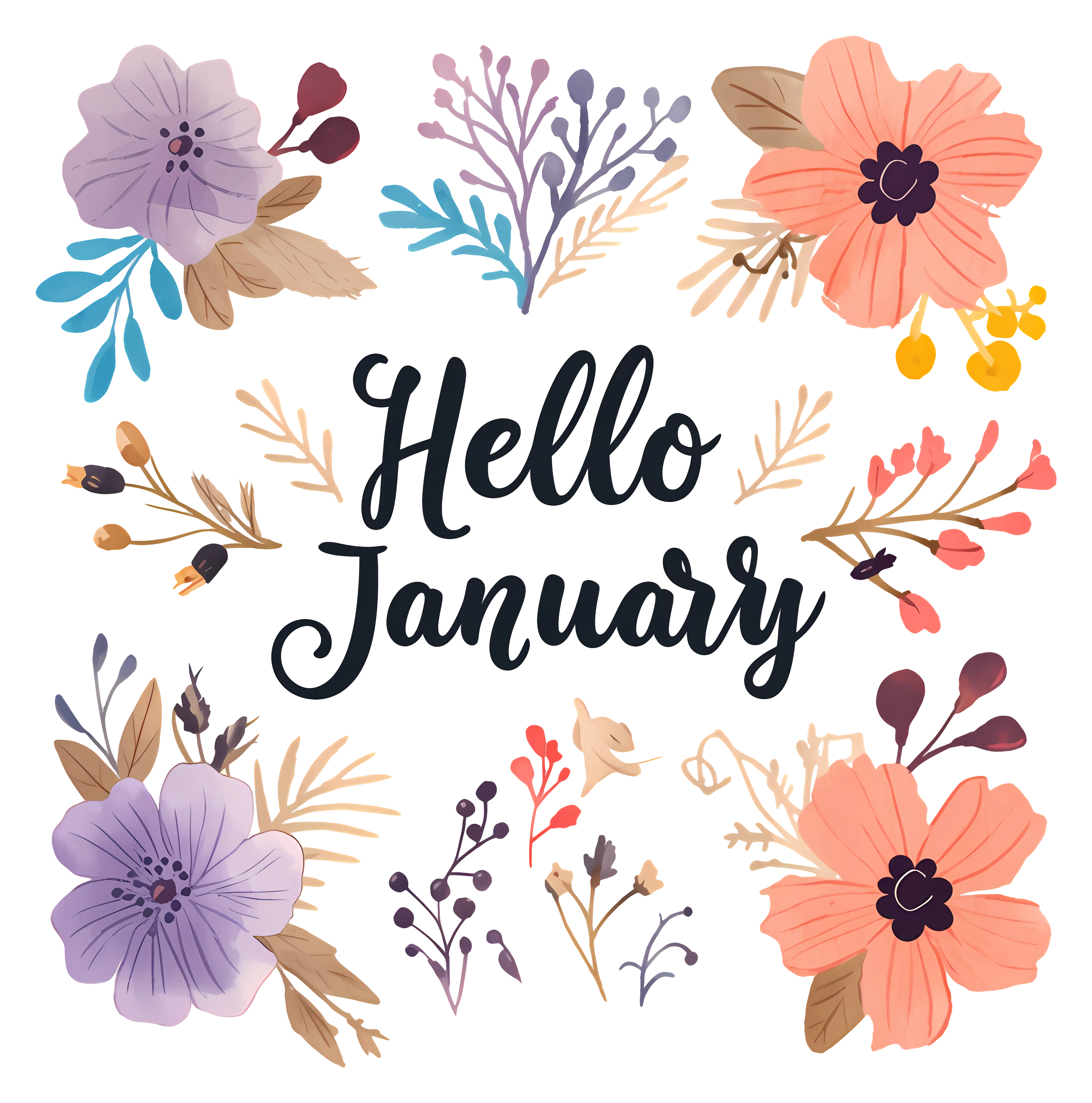 Hello January Floral Illustration