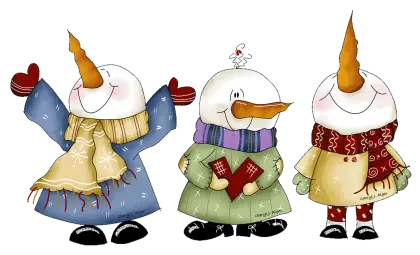 Three Cheerful Cartoon Snowmen in Winter Clothing