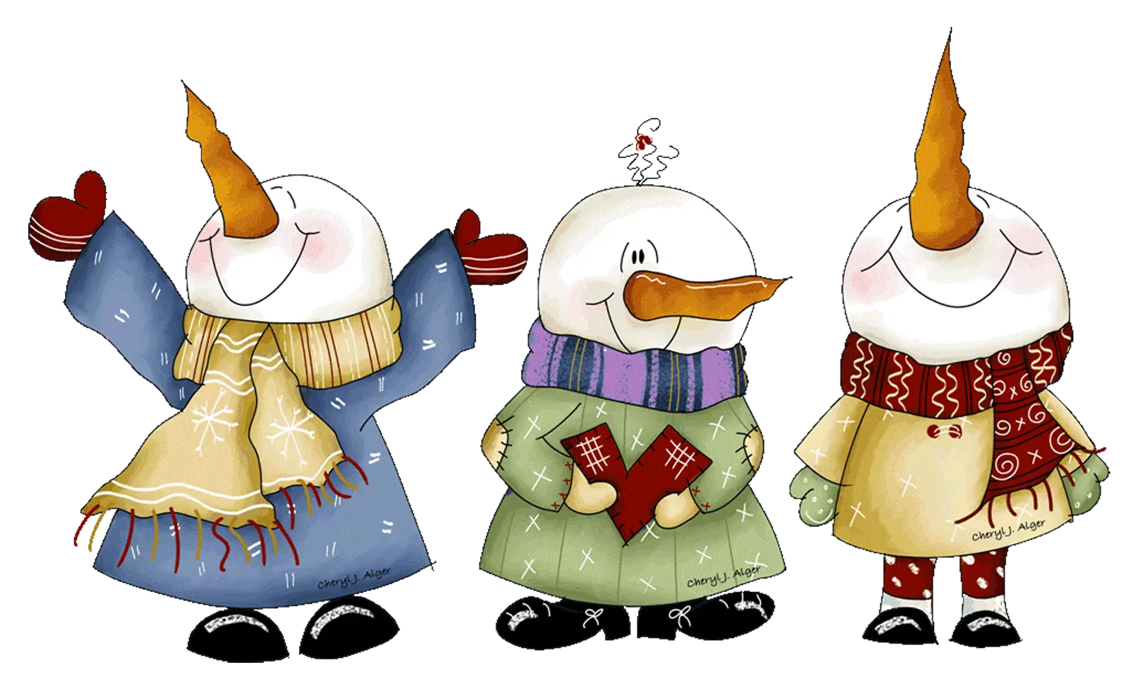 Three Cheerful Cartoon Snowmen in Winter Clothing