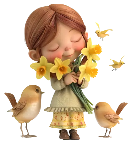 Cute Girl and Birds with Yellow Flowers