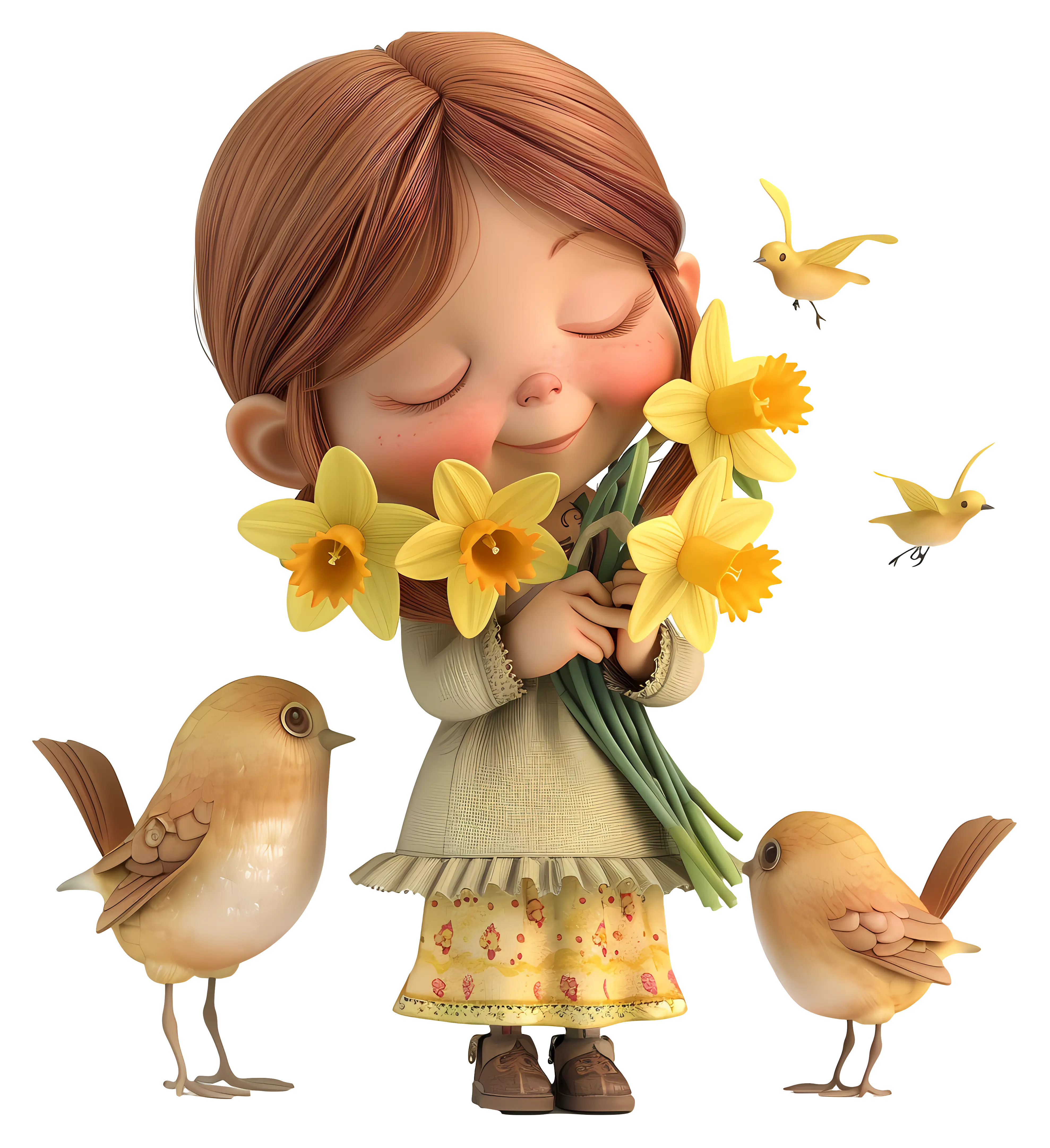 Cute Girl and Birds with Yellow Flowers