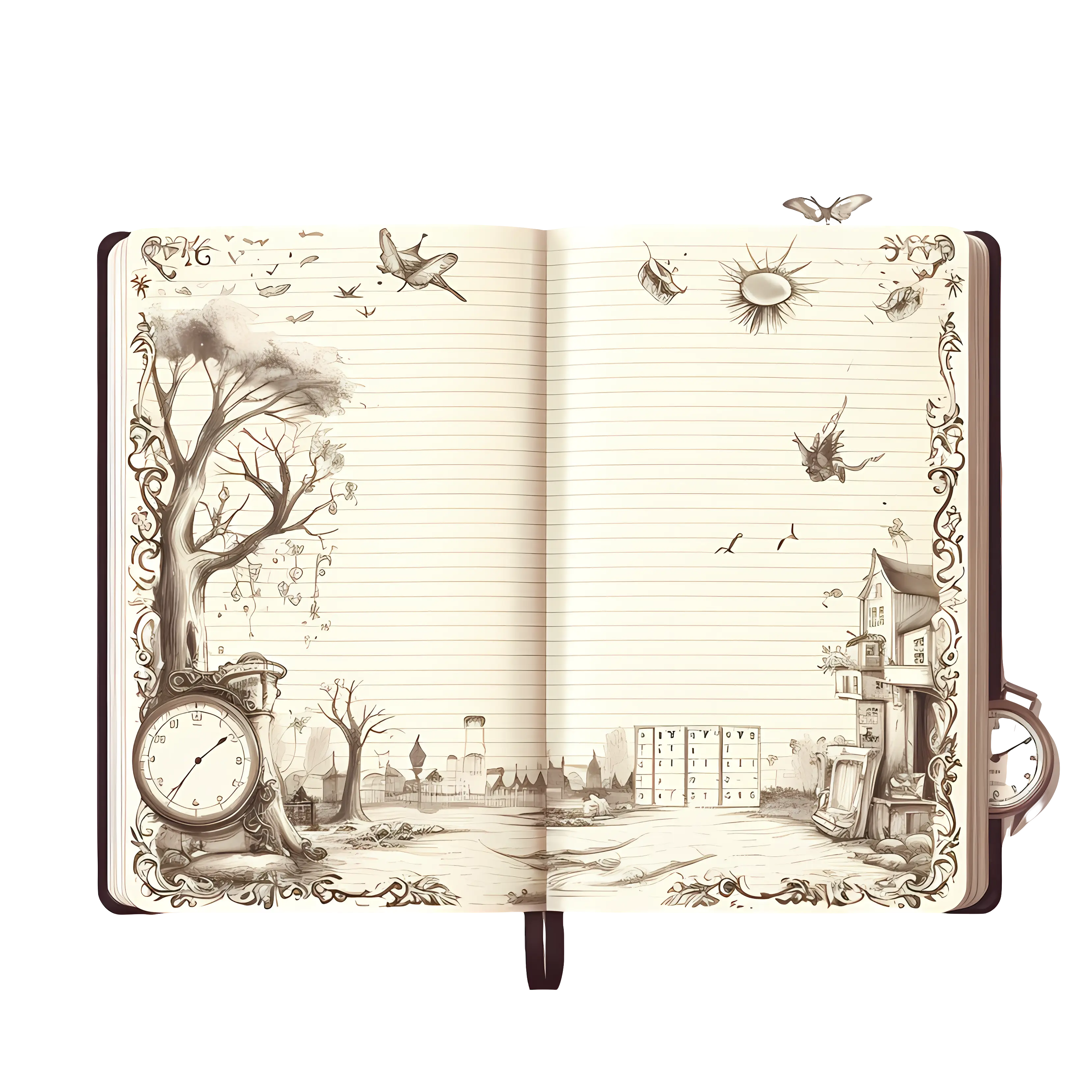 Vintage Sketches in Open Notebook