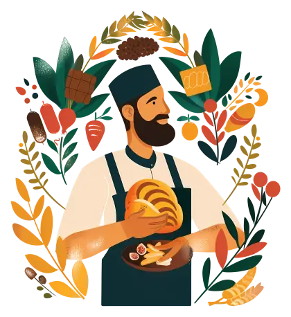 Baker Holding Bread with Ingredients