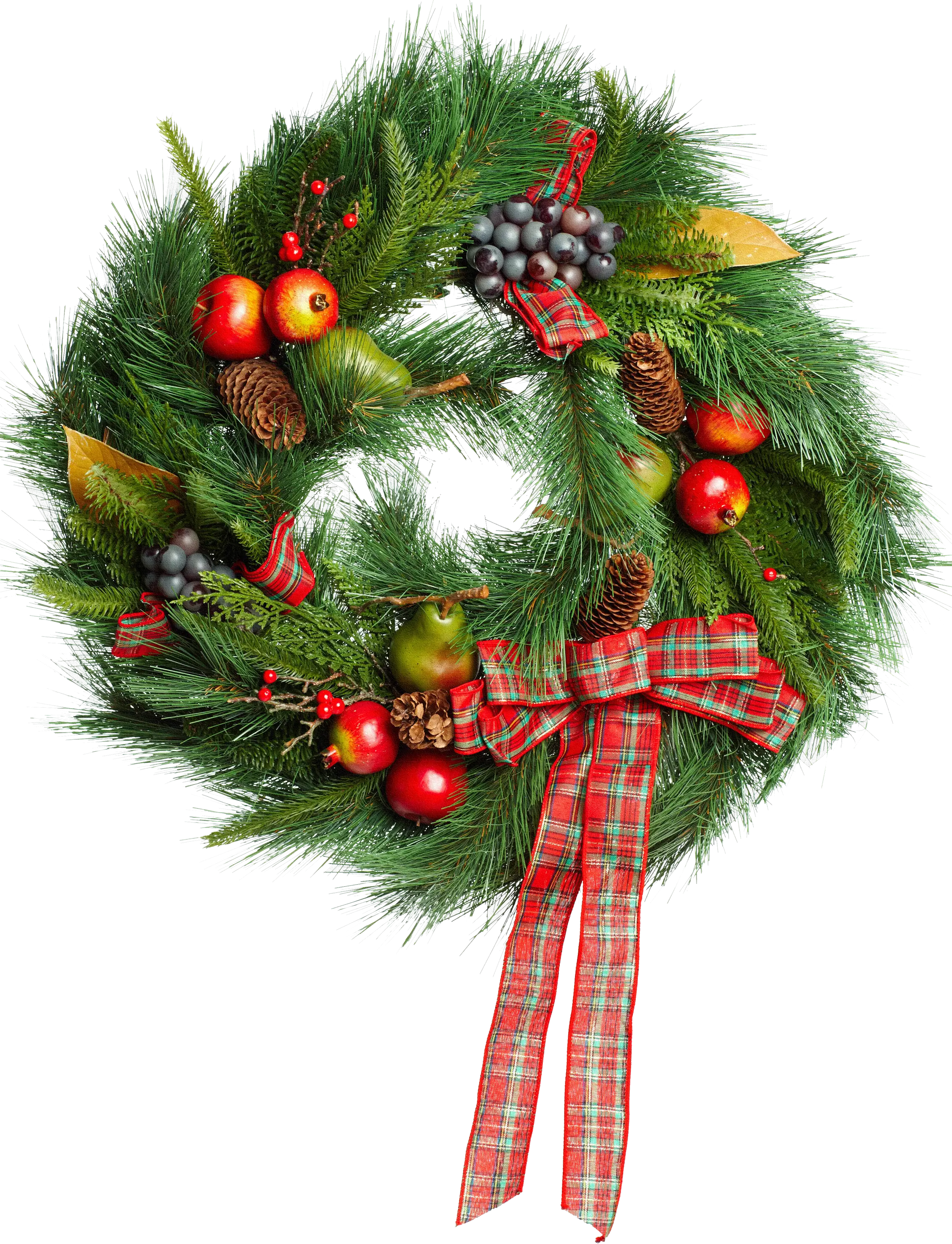 Festive Christmas Wreath with Fruits and Plaid Bow