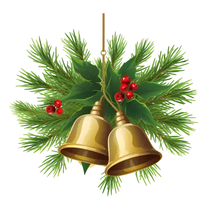 Christmas Bells with Pine Greenery and Red Berries