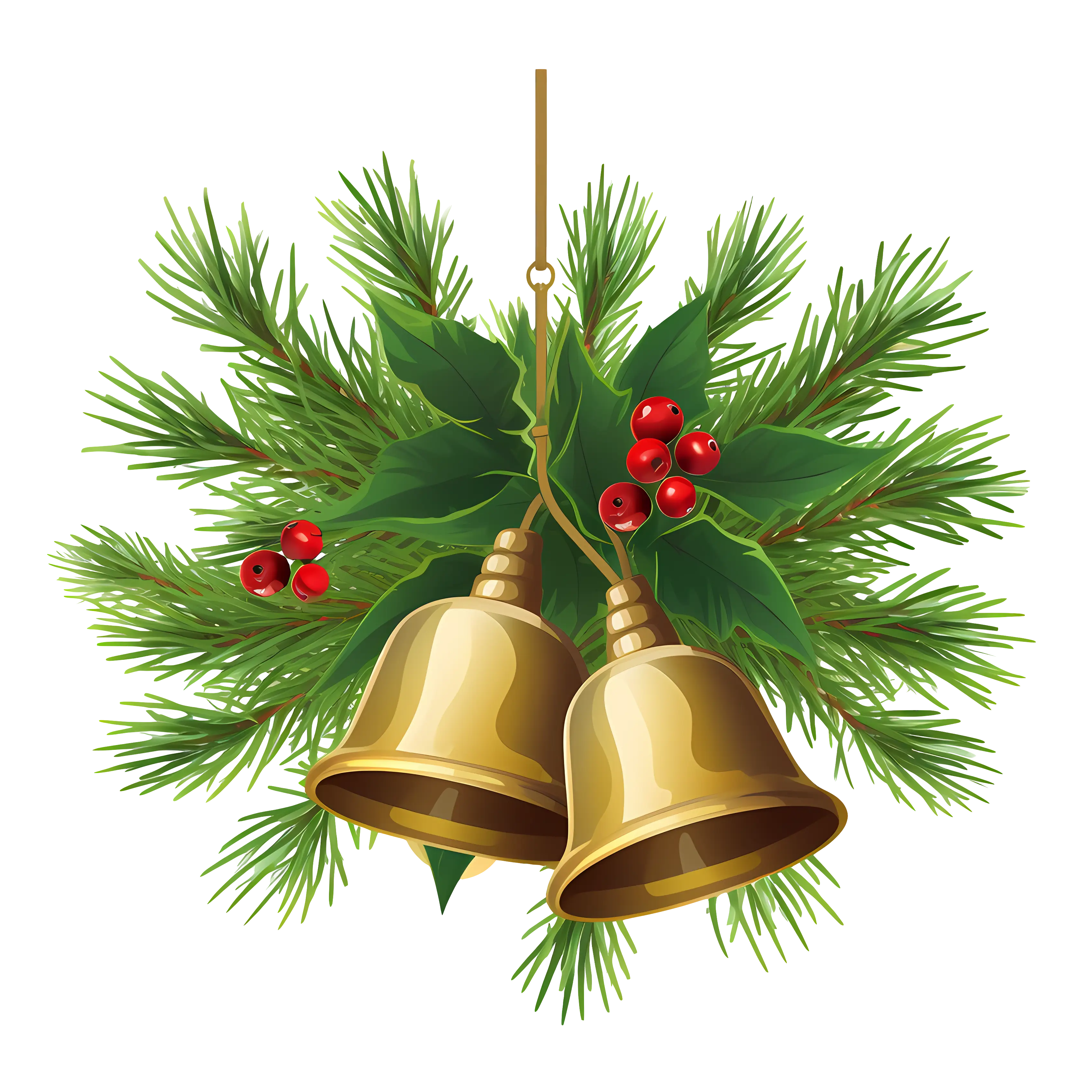Christmas Bells with Pine Greenery and Red Berries