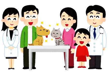 Happy Family and Pets at Veterinary Clinic Cartoon