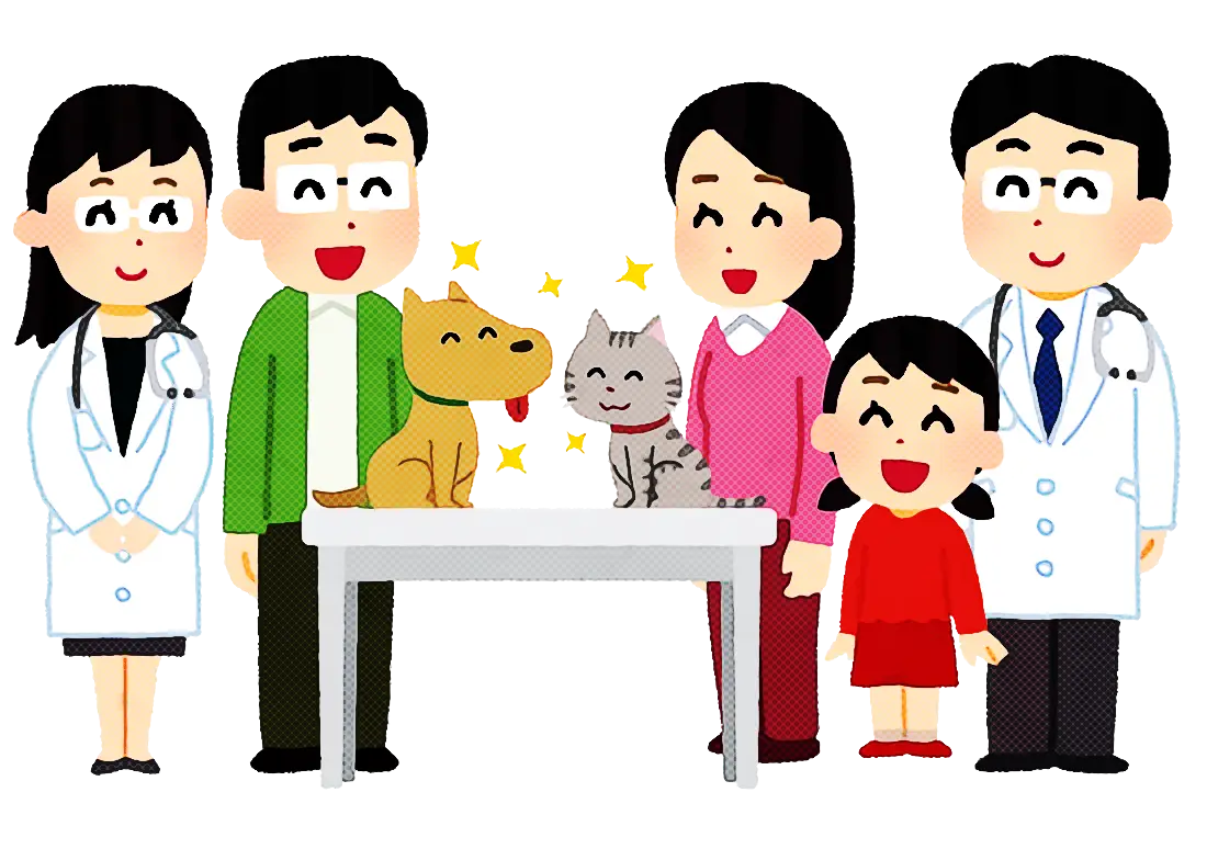 Happy Family and Pets at Veterinary Clinic Cartoon