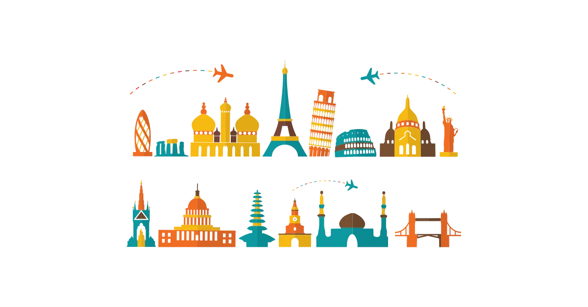 World Landmarks Illustration with Colorful Icons