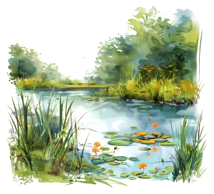 Pond and Watercolor Landscape Art