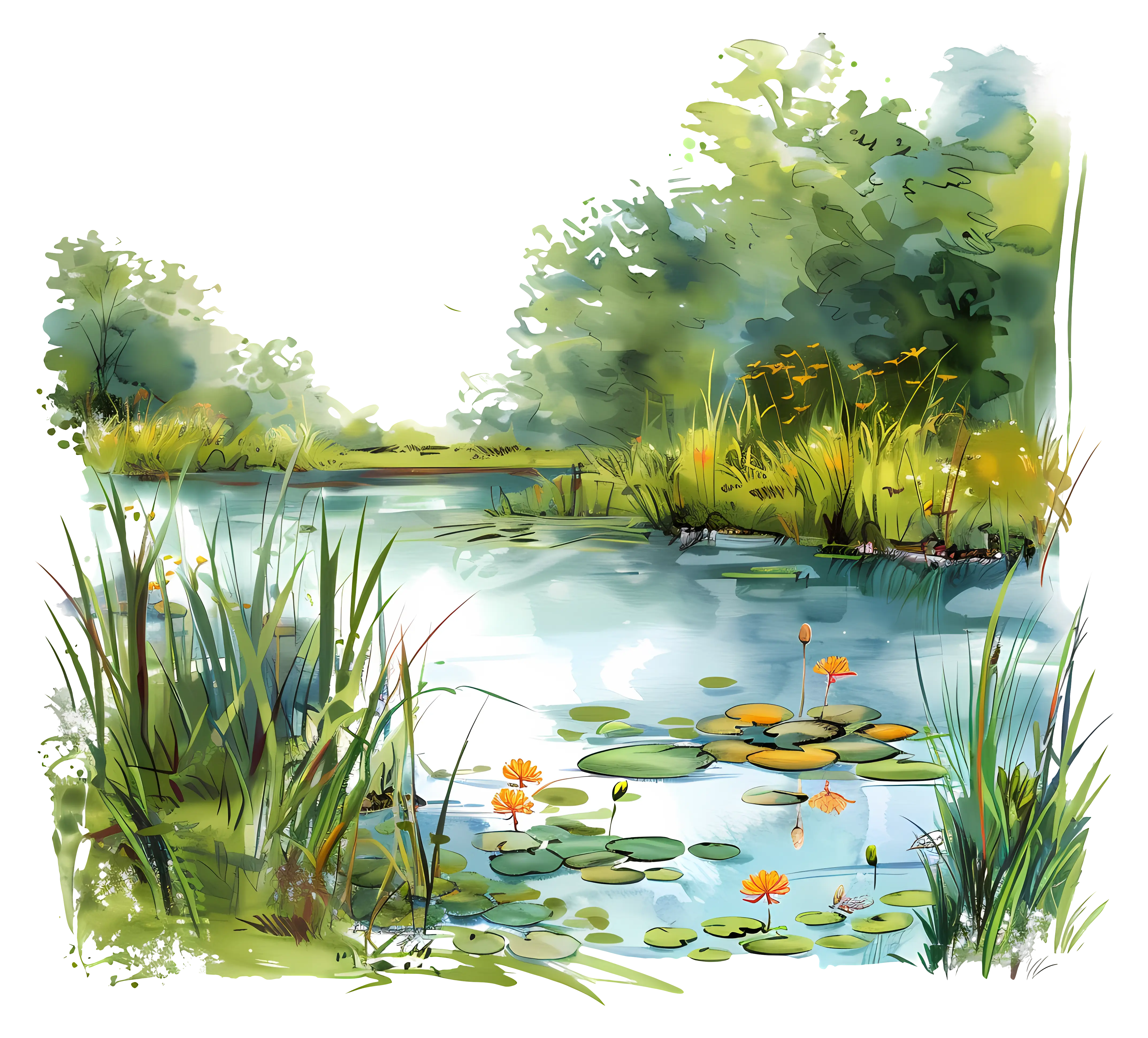 Pond and Watercolor Landscape Art