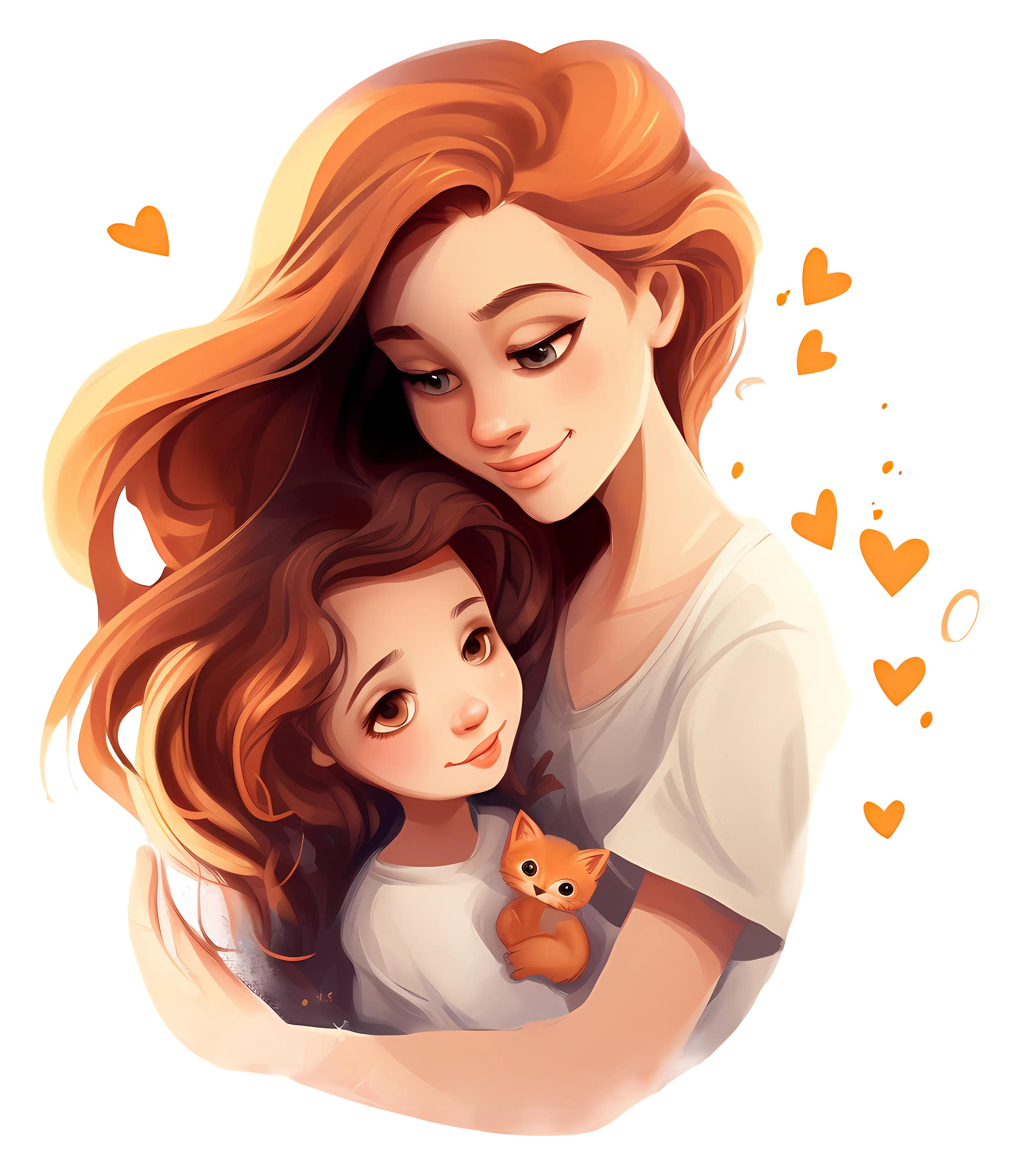Mother Hugging Child with a Cat