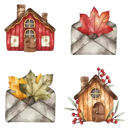 Rustic Seasonal Envelopes and Houses Illustration