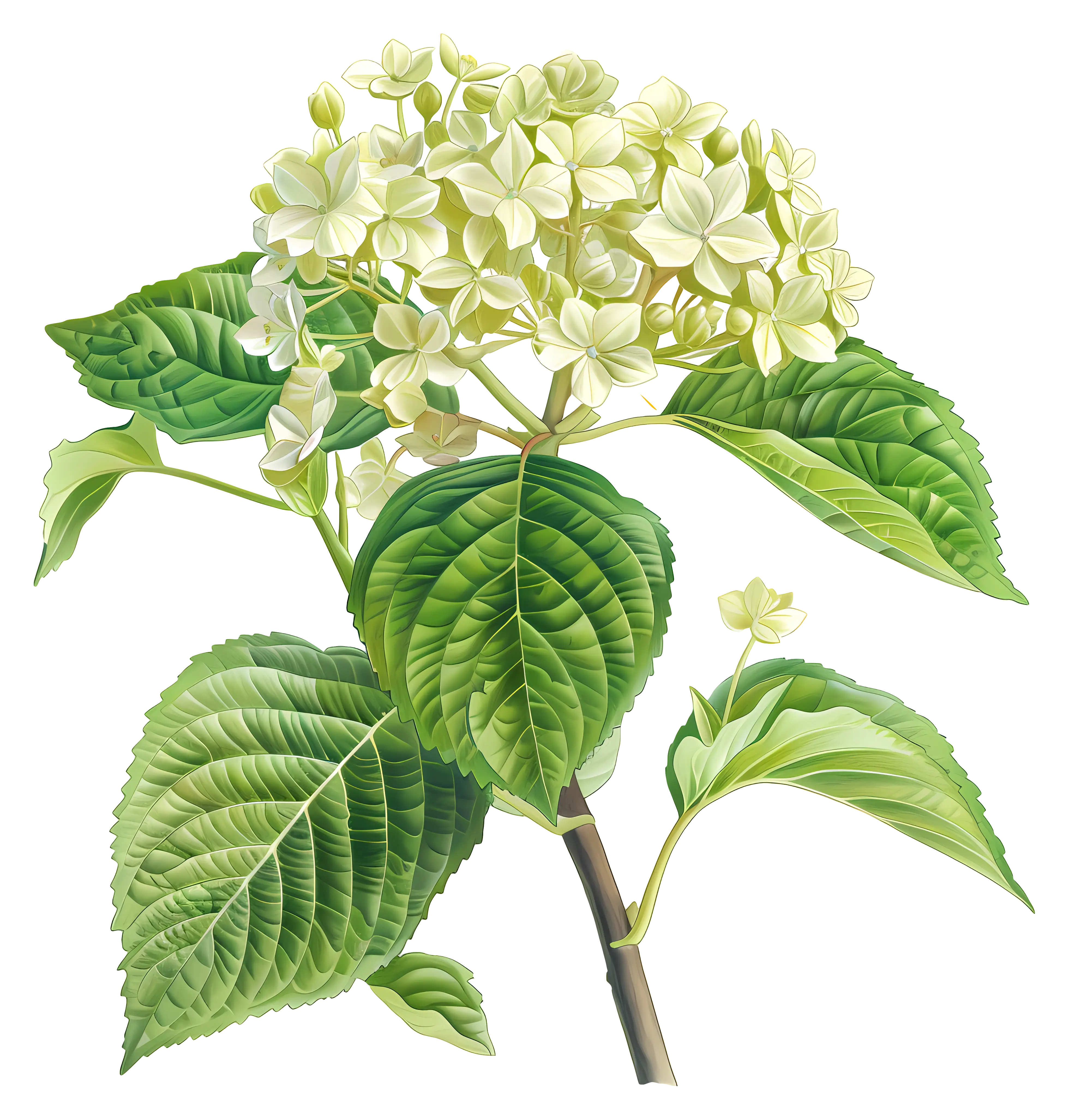 Realistic Hydrangea Flower Illustration with Green Foliage
