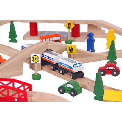 Wooden Train Set with Tracks and Vehicles