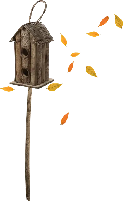 Wooden Birdhouse with Falling Leaves