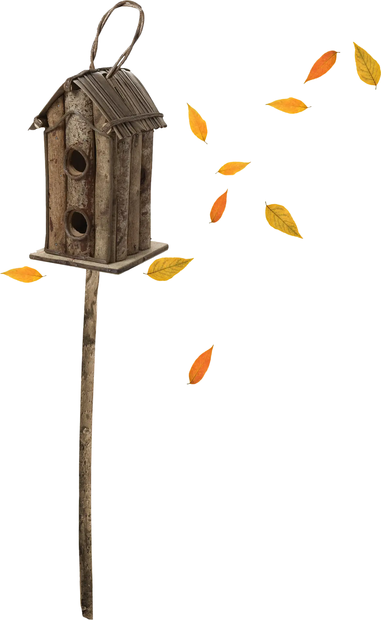 Wooden Birdhouse with Falling Leaves