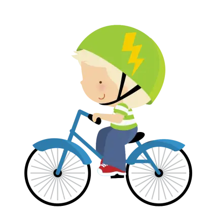 Boy Riding Blue Bicycle with Green Helmet