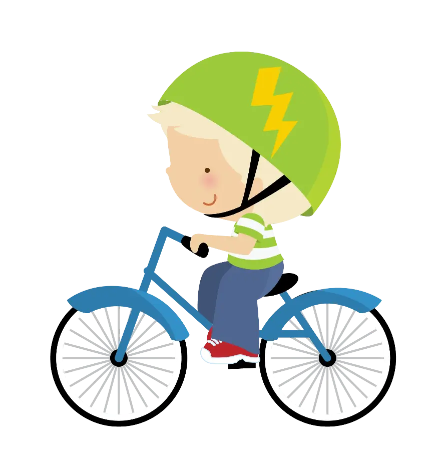 Boy Riding Blue Bicycle with Green Helmet