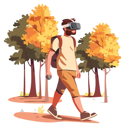 Man Walking with VR Headset in Autumn Forest