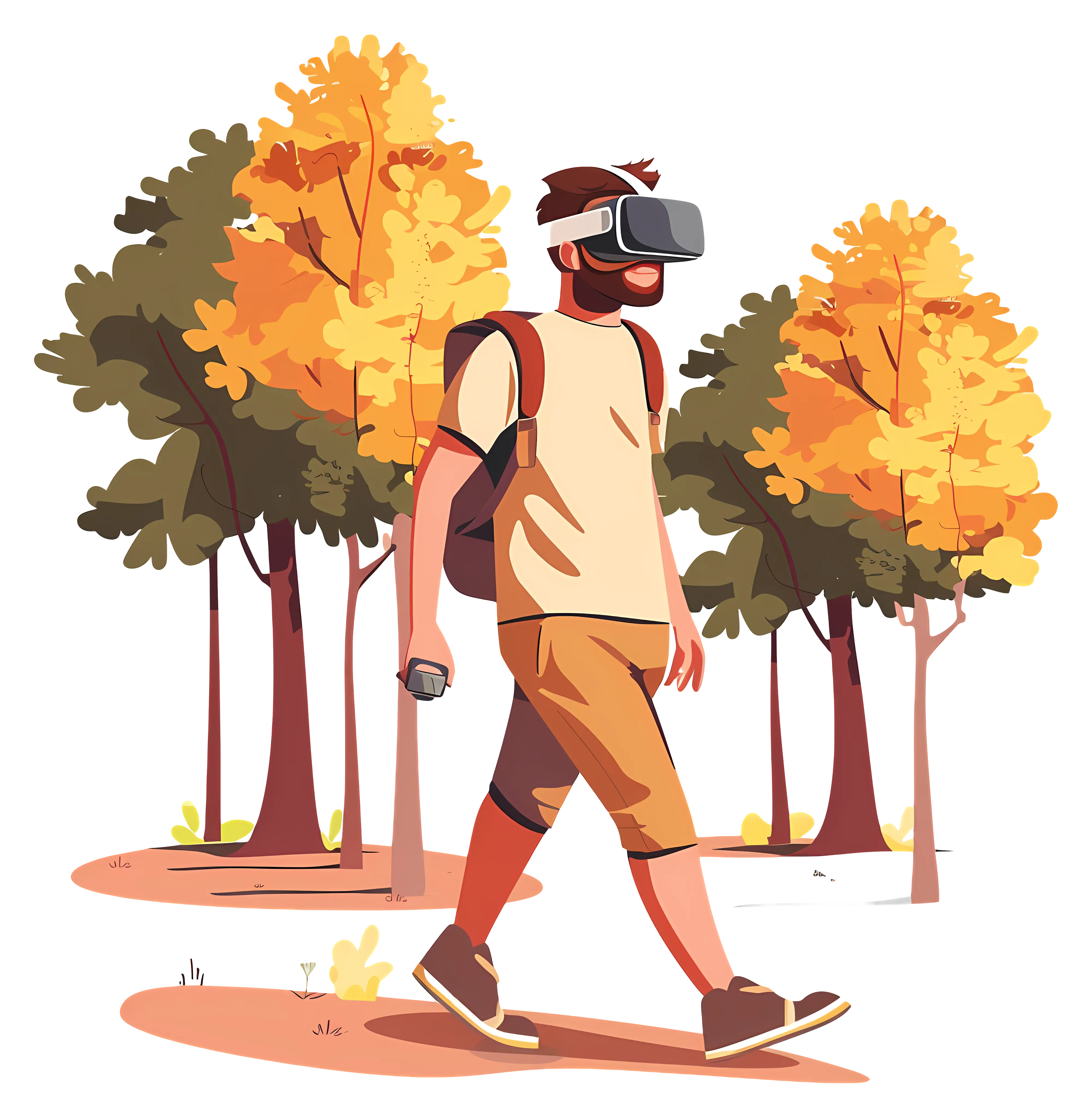 Man Walking with VR Headset in Autumn Forest