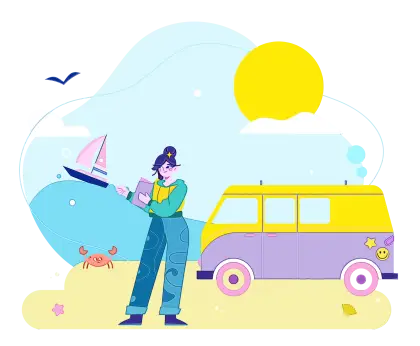 Cartoon Beach Scene with Van and Toys