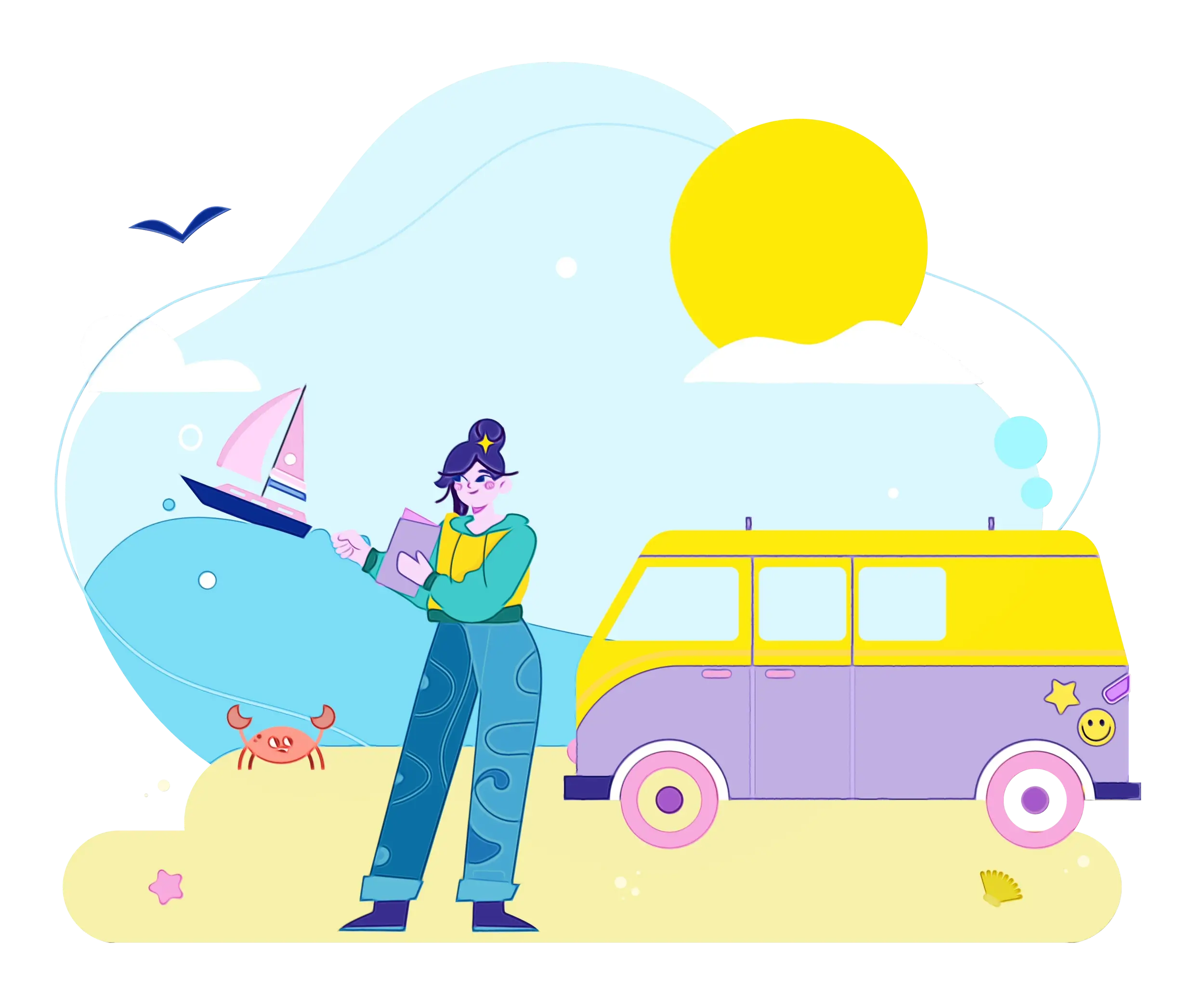 Cartoon Beach Scene with Van and Toys