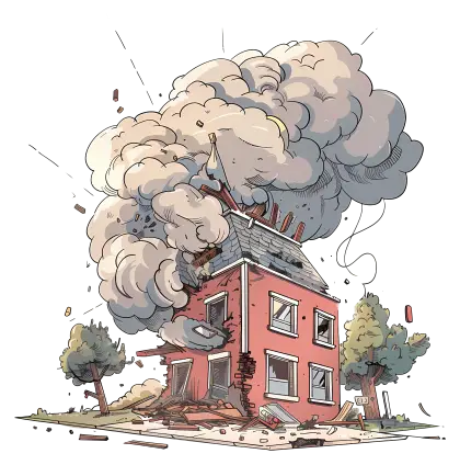 Cartoon Illustration of Exploding House