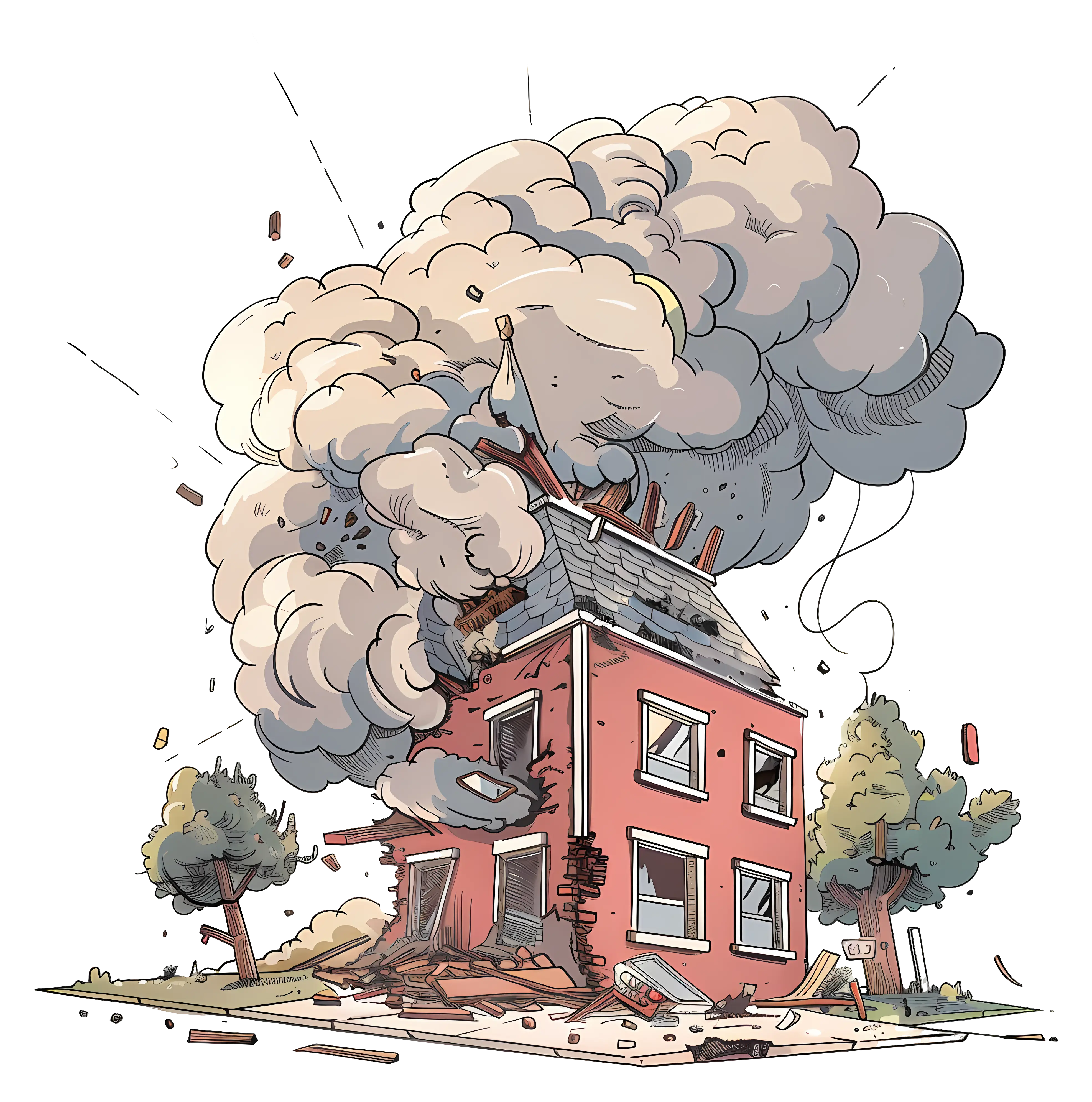 Cartoon Illustration of Exploding House