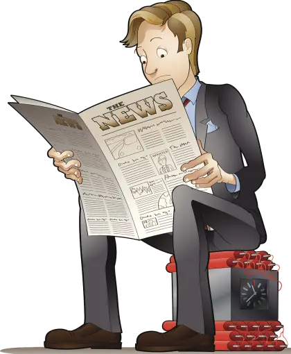 Man Reading Newspaper Sitting on Dynamite