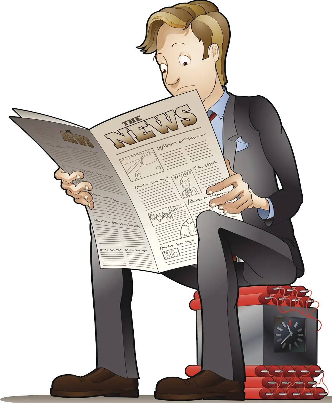Man Reading Newspaper Sitting on Dynamite