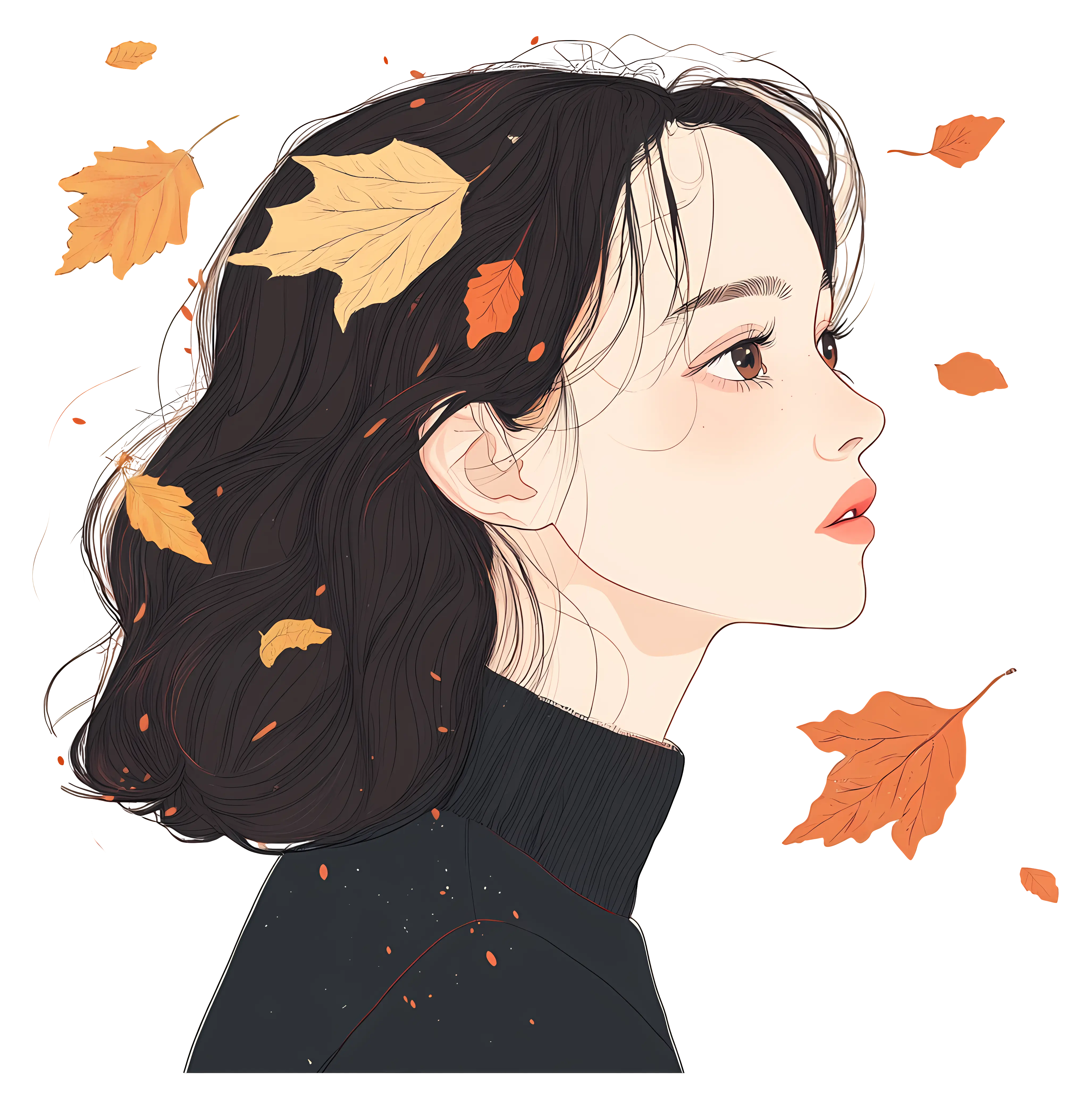 Autumn Girl with Falling Leaves