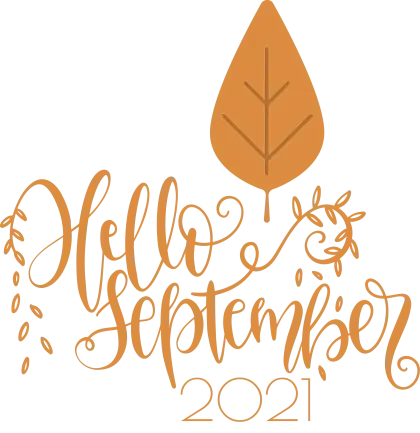 Hello September Text with Leaf Illustration