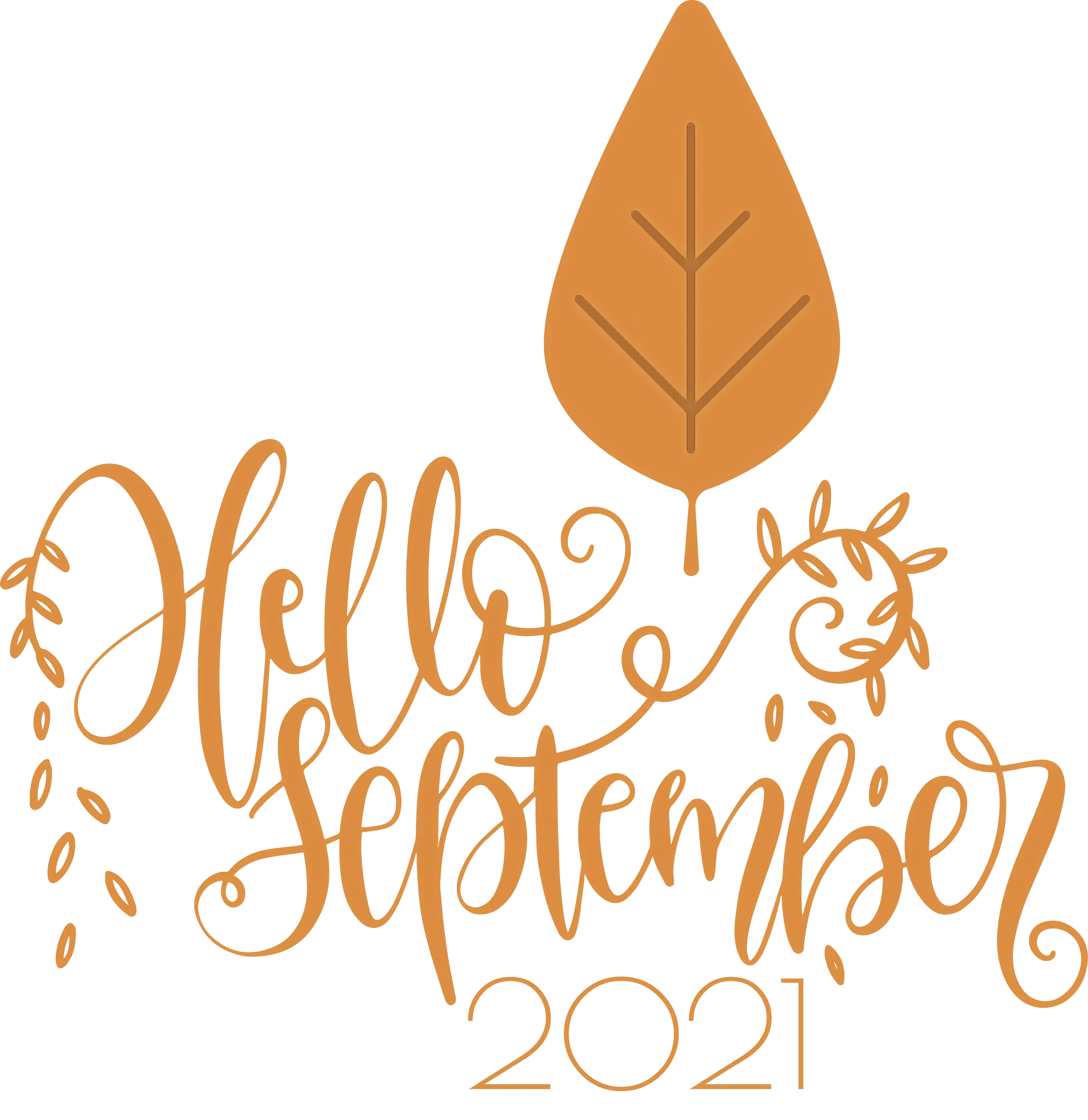 Hello September Text with Leaf Illustration