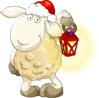 Cartoon Sheep with Santa Hat and Lantern for Christmas Theme