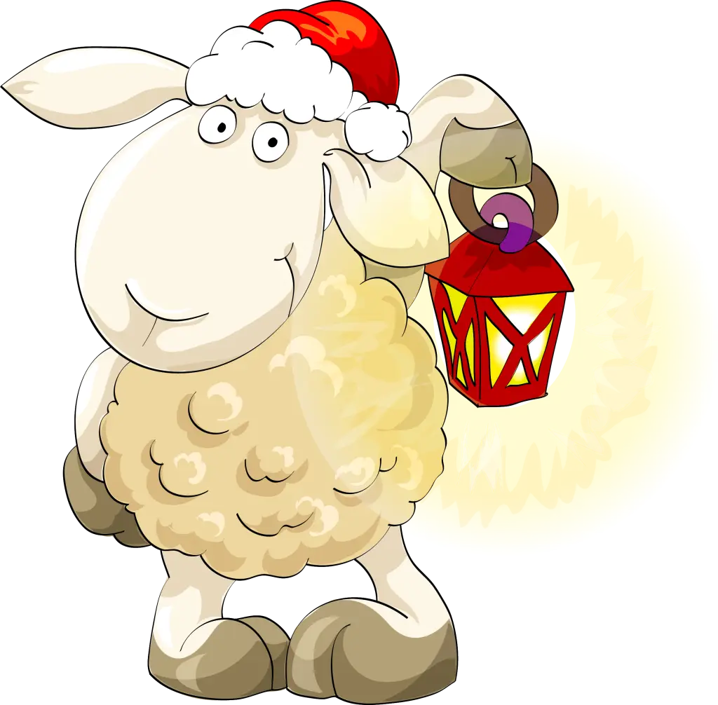 Cartoon Sheep with Santa Hat and Lantern for Christmas Theme