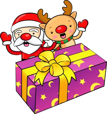 Santa and Reindeer Cartoon with Christmas Gift