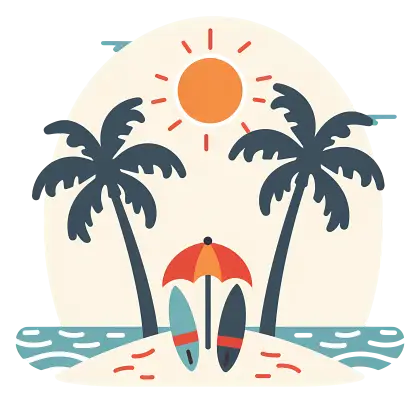 Beach with Palm Trees and Umbrellas