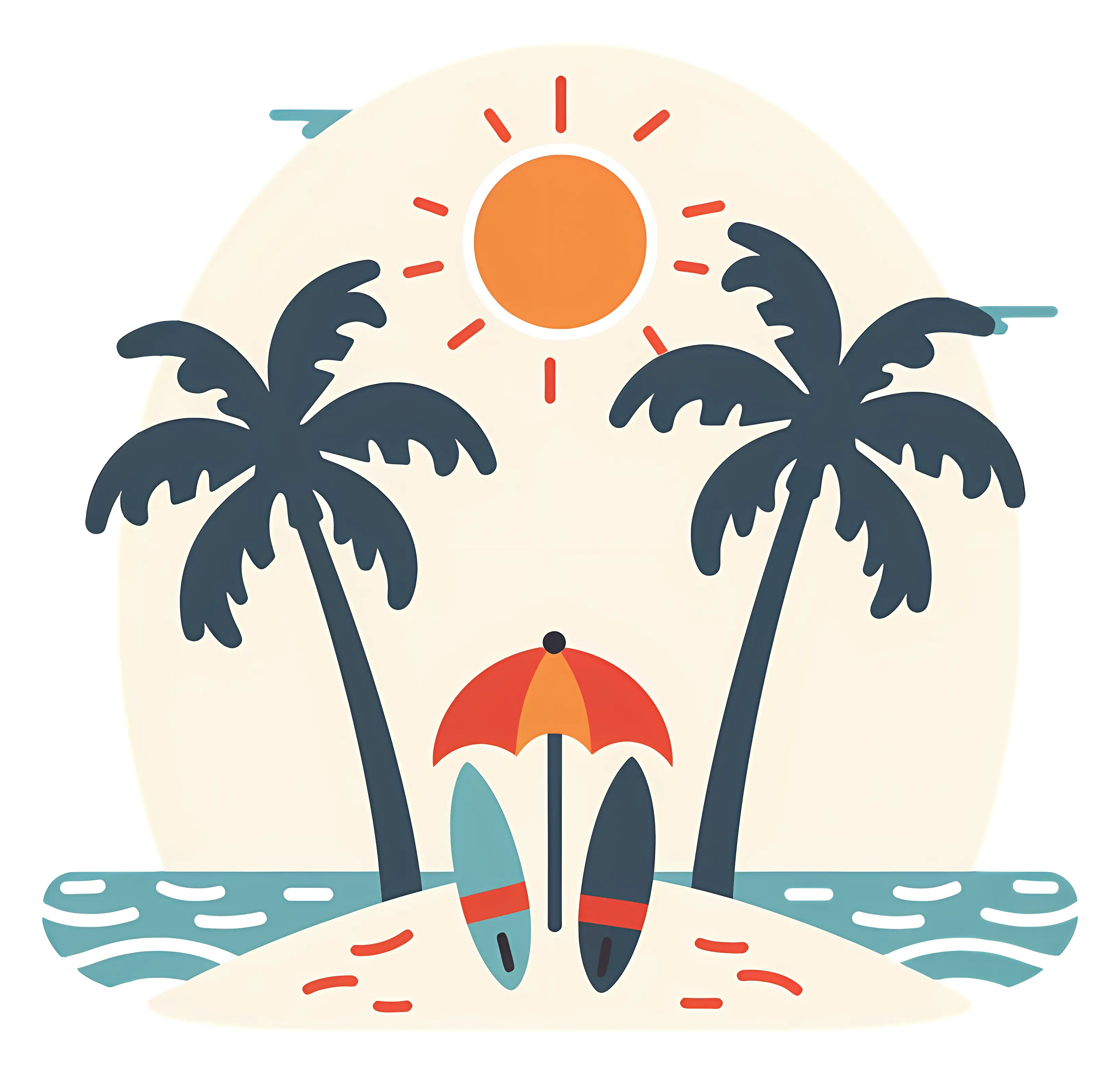 Beach with Palm Trees and Umbrellas