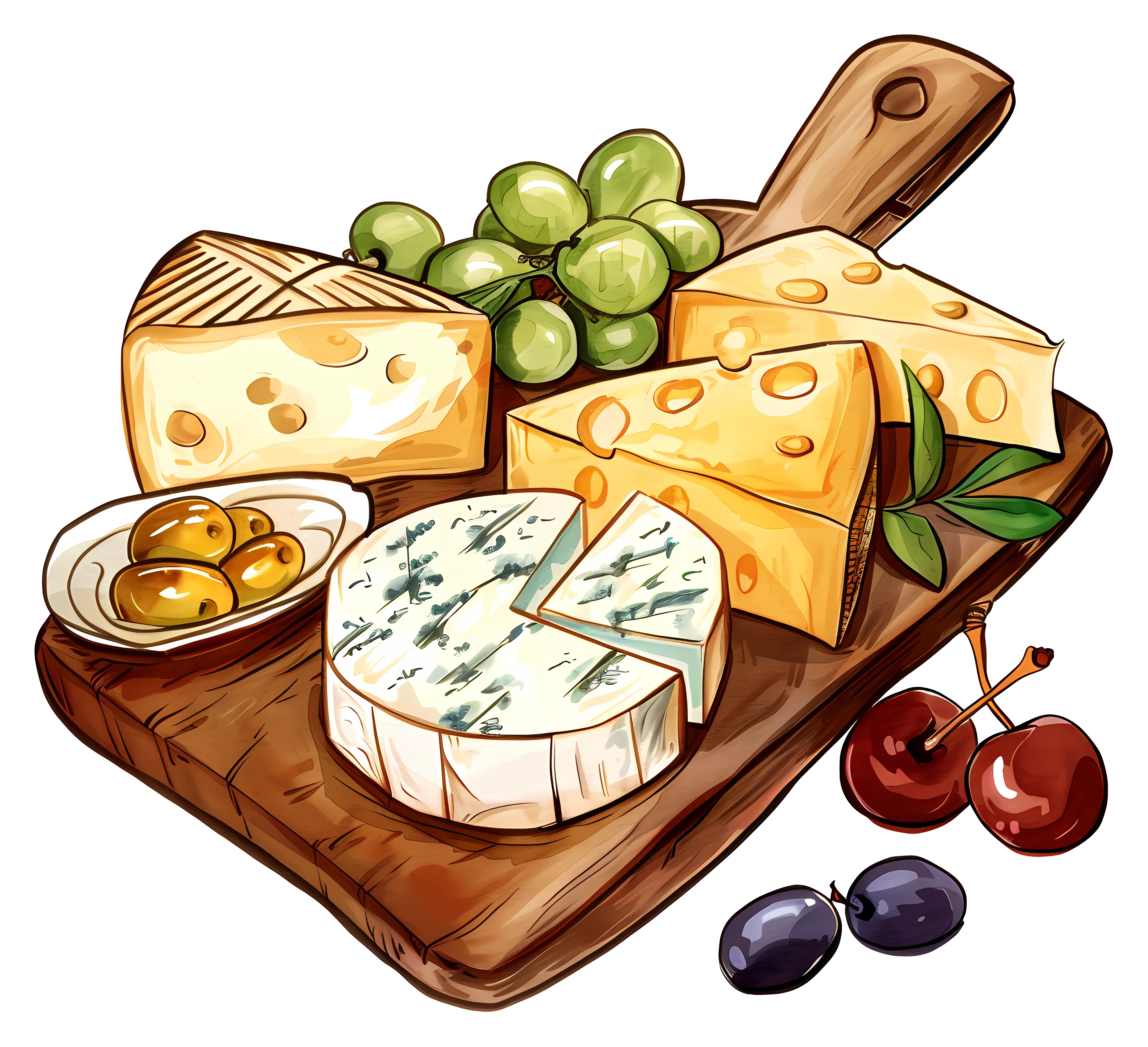 Cheese Platter with Fruits Cartoon Style