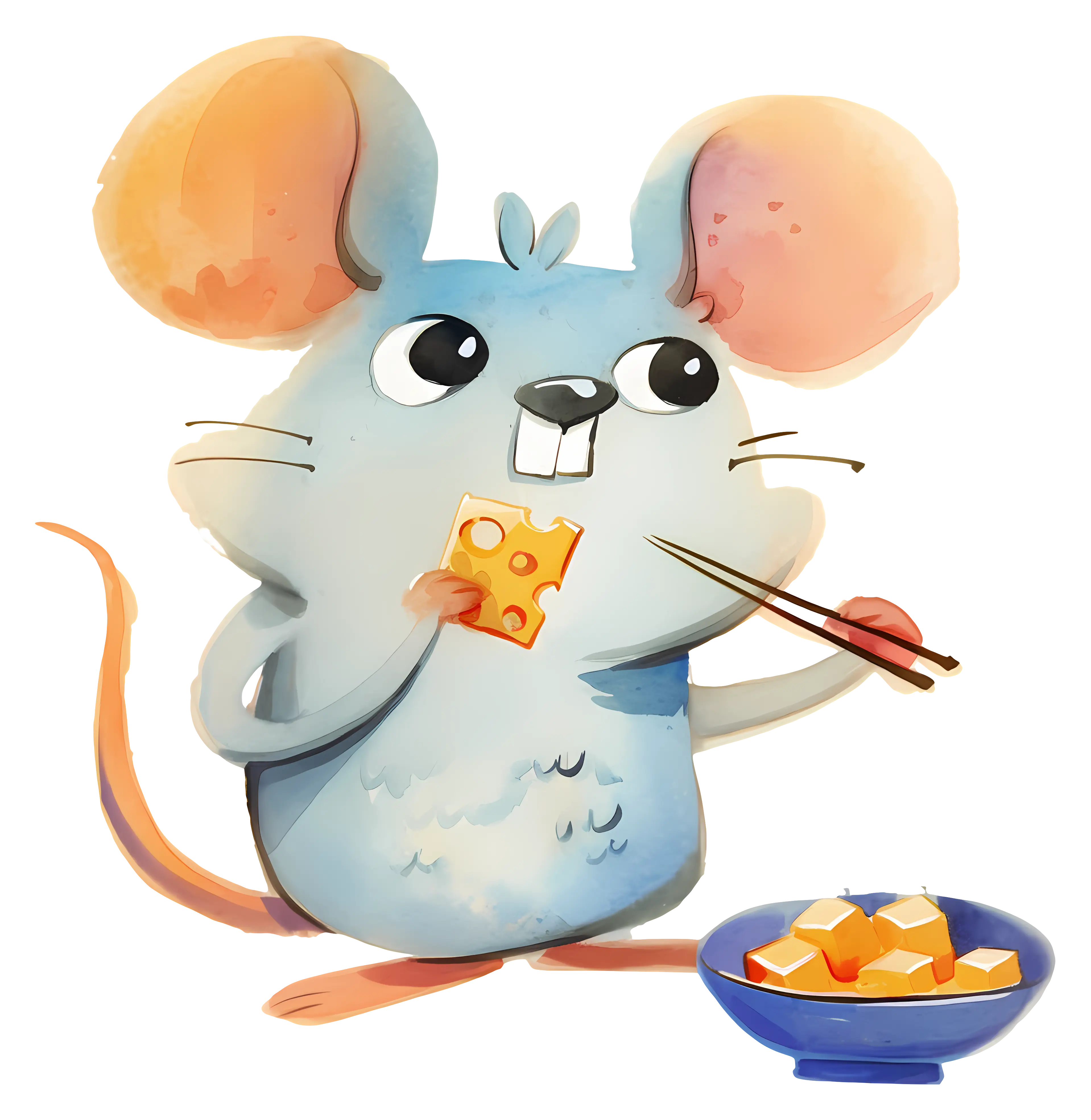 Cute Mouse Eating Cheese with Chopsticks