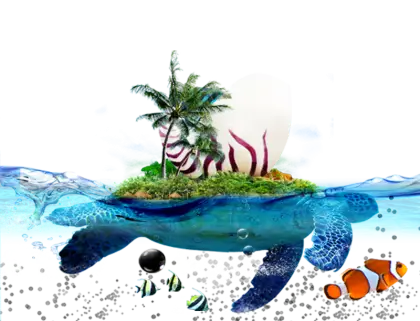Ocean Turtle with Island and Fish