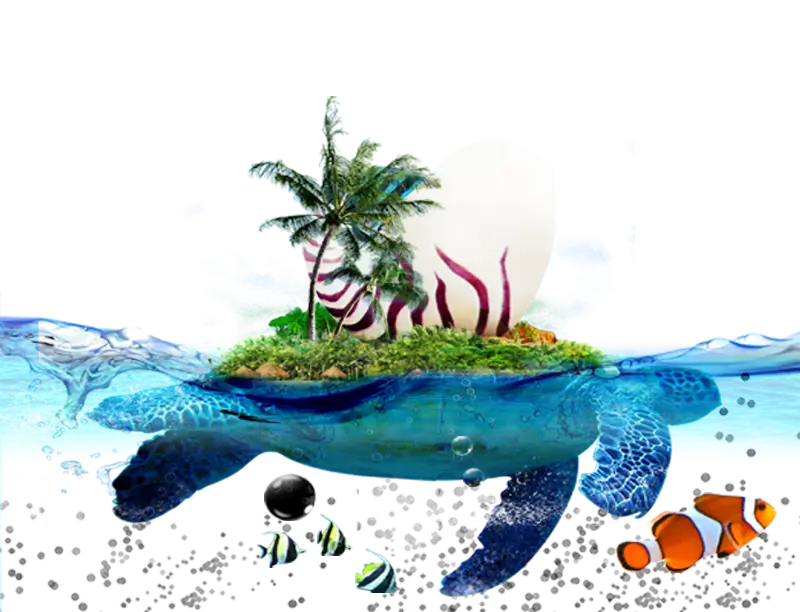 Ocean Turtle with Island and Fish