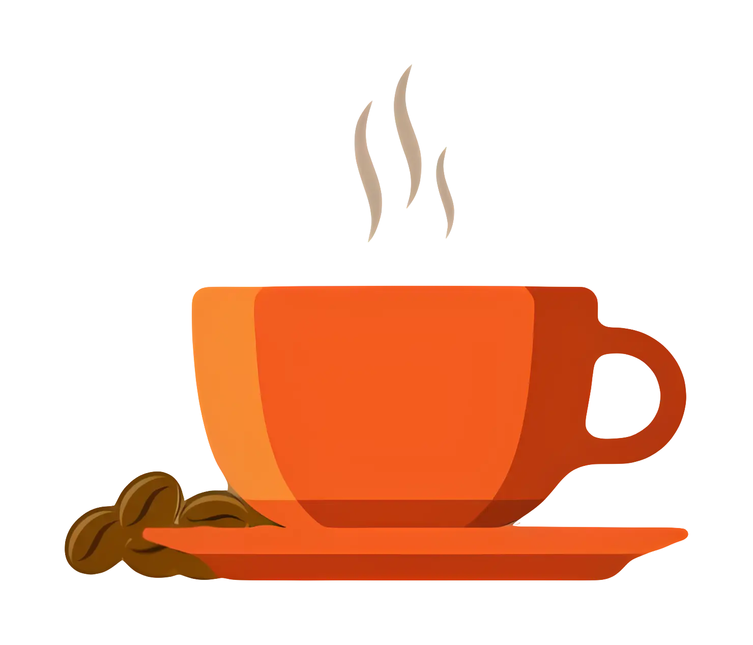 Steaming Orange Coffee Cup Illustration with Coffee Beans
