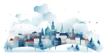 Snowy Winter Cityscape with Colorful Buildings