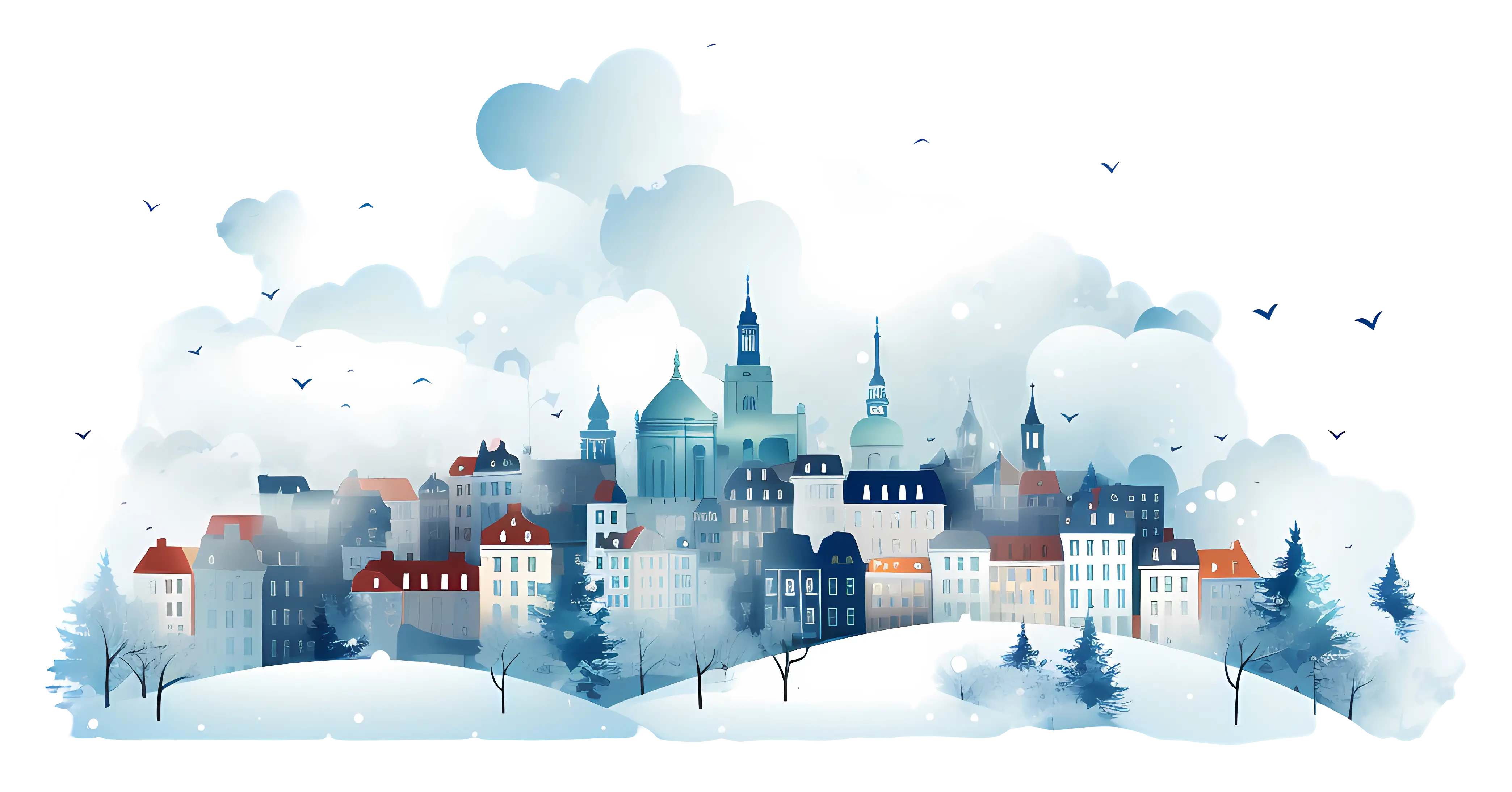 Snowy Winter Cityscape with Colorful Buildings